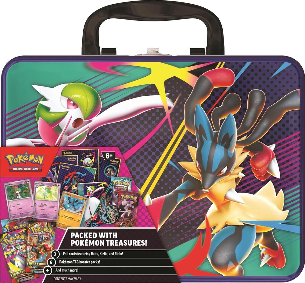 A Treasure Chest Packed with Pokemon! This sturdy metal case contains more than a dozen special Pokemon goodies, including some not found anywhere else. The Pokemon Trading Card Game: Collector Chest includes: 6 Pokemon TCG booster packs, 3 foil cards featuring Ralts, Kirlia, and Riolu, 1 Pokemon coin featuring Mega Lucario, 4 colorful sticker sheets, and A mini portfolio to store your favorite cards. Note: This product will be shipping in waves.