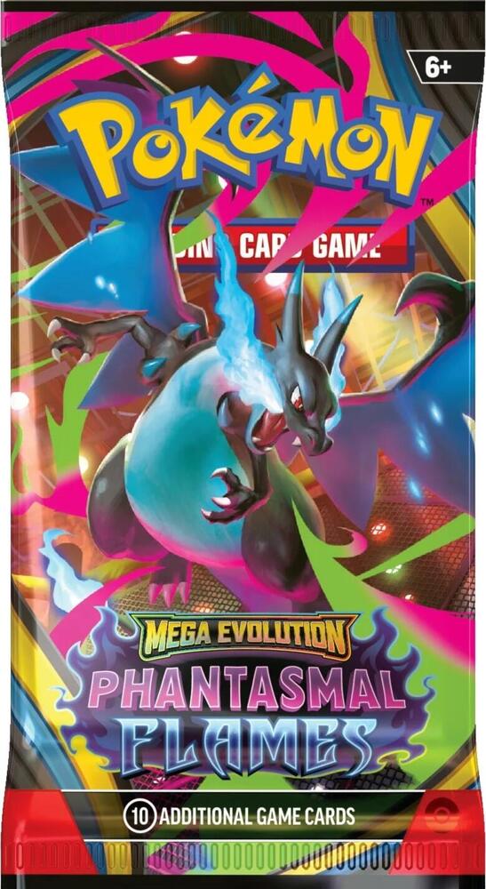 Ignite a Burning Spirit of Battle!
Searing blue flames rip across a dark battlefield as Mega Charizard X ex soars up and looks down upon its opponents! With a deep chill to rival the heat, the shadowy figure of Mega Gengar ex slowly rises into view, and both Pokémon prepare to attack. Determined to prove their mettle, Mega Heracross ex, Mega Lopunny ex, and even more Pokémon line up to give it their all in the Pokémon TCG: Mega Evolution-Phantasmal Flames expansion!
1x Phantasmal Flames booster pack contai