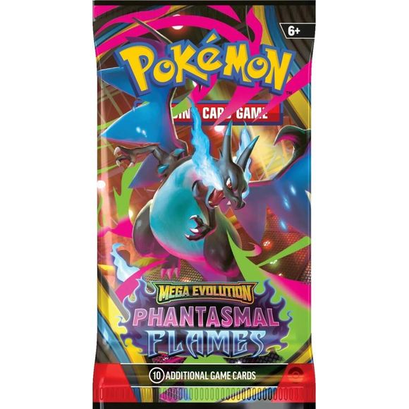 Ignite a Burning Spirit of Battle!
Searing blue flames rip across a dark battlefield as Mega Charizard X ex soars up and looks down upon its opponents! With a deep chill to rival the heat, the shadowy figure of Mega Gengar ex slowly rises into view, and both Pokémon prepare to attack. Determined to prove their mettle, Mega Heracross ex, Mega Lopunny ex, and even more Pokémon line up to give it their all in the Pokémon TCG: Mega Evolution-Phantasmal Flames expansion!
1x Phantasmal Flames booster pack contai