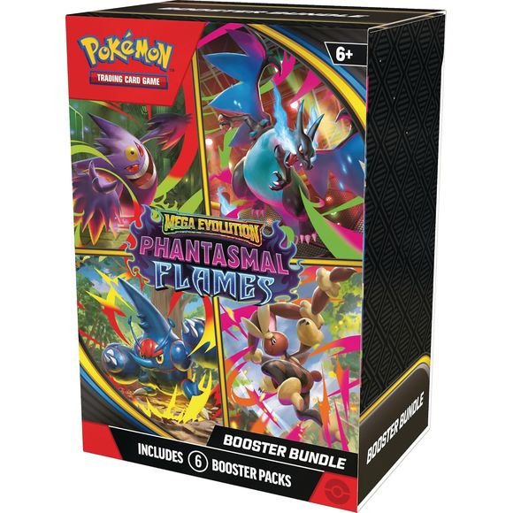 LIMIT 3 per person
Release Date November, 2025
Pokémon TCG: Mega Evolution—Phantasmal Flames Booster Bundle comes with six booster packs from Pokémon TCG: Mega Evolution—Phantasmal Flames.
The Mega Evolution—Phantasmal Flames expansion has over 120 cards to collect and has new Mega Evolution Pokémon ex.
A great item for getting a start into collecting the new Pokémon TCG: Mega Evolution— Phantasmal Flames expansion