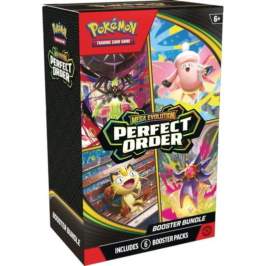 LIMIT 3 per person
Release Date: 03/27/2026
The Pokémon TCG: Mega Evolution—Perfect Order Booster Bundle contains 6 booster packs from the new Perfect Order expansion.
This Booster Bundle is a great starting option to being your collection of the over 120 cards in the new Perfect Order Expansion.
This expansion has more new Mega Evolution Pokémon ex for you to collect.