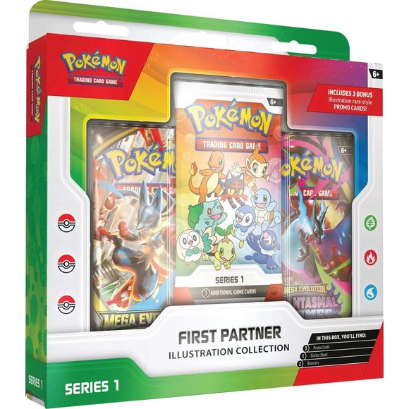30 Years of First Partner Pokemon! Every Pokemon Trainer's journey begins with a first partner, a loyal friend who stands by your side through thick and thin! Relive your own adventures and celebrate the bond between Trainer and Pokemon with a booster pack containing 3 of 9 illustration rare-style promo cards consisting of beloved first partner Pokemon from the Kanto, Sinnoh, or Alola region. You'll also find two more Pokemon TCG booster packs and a fun sticker sheet featuring first partner Pokemon friends.