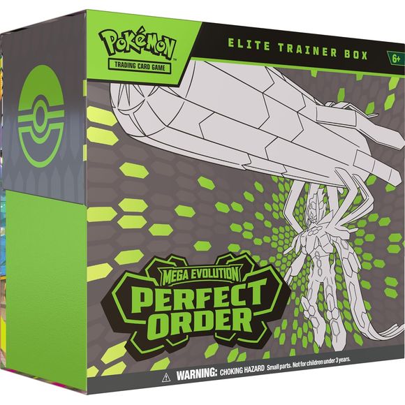 LIMIT 3 per person
Release Date: 03/27/2026
The Pokémon TCG: Mega Evolution—Perfect Order Elite Trainer Box includes 9 Pokémon TCG: Mega Evolution—Perfect Order booster packs, 1 full-art foil promo card featuring Tyrunt, and 65 card sleeves.
This also comes with 40 Pokémon TCG Energy cards, a player’s guide to the Mega Evolution—Perfect Order expansion, and 6 damage-counter dice.
You will also receive a competition-legal coin-flip die, a plastic coin, and a collector’s box to hold everything, with 6 divide