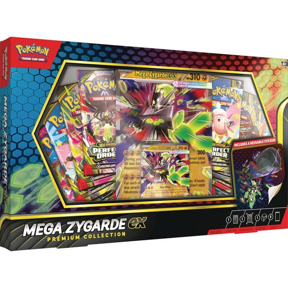 Mega Zygarde ex Nullifies the Opposition!
Boasting greater power than ever before, the Legendary Zygarde surprises the world by becoming a Mega Evolution Pokémon ex! Its strong attacks can decimate your opponent’s strategy by overwhelming their Pokémon with damage. In this collection, you get a ready-to-play foil promo card featuring Mega Zygarde ex, along with an oversize lenticular card and a tech sticker for display. You’ll also find a stack of booster packs from different Pokémon TCG expansions.
The Po