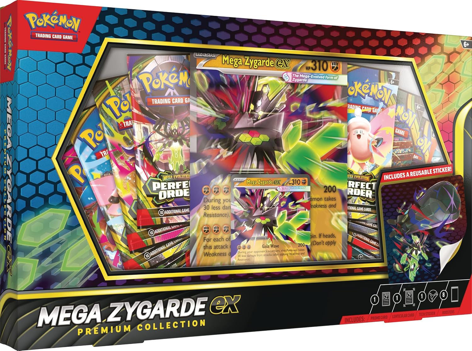 Mega Zygarde ex Nullifies the Opposition!
Boasting greater power than ever before, the Legendary Zygarde surprises the world by becoming a Mega Evolution Pokémon ex! Its strong attacks can decimate your opponent’s strategy by overwhelming their Pokémon with damage. In this collection, you get a ready-to-play foil promo card featuring Mega Zygarde ex, along with an oversize lenticular card and a tech sticker for display. You’ll also find a stack of booster packs from different Pokémon TCG expansions.
The Po