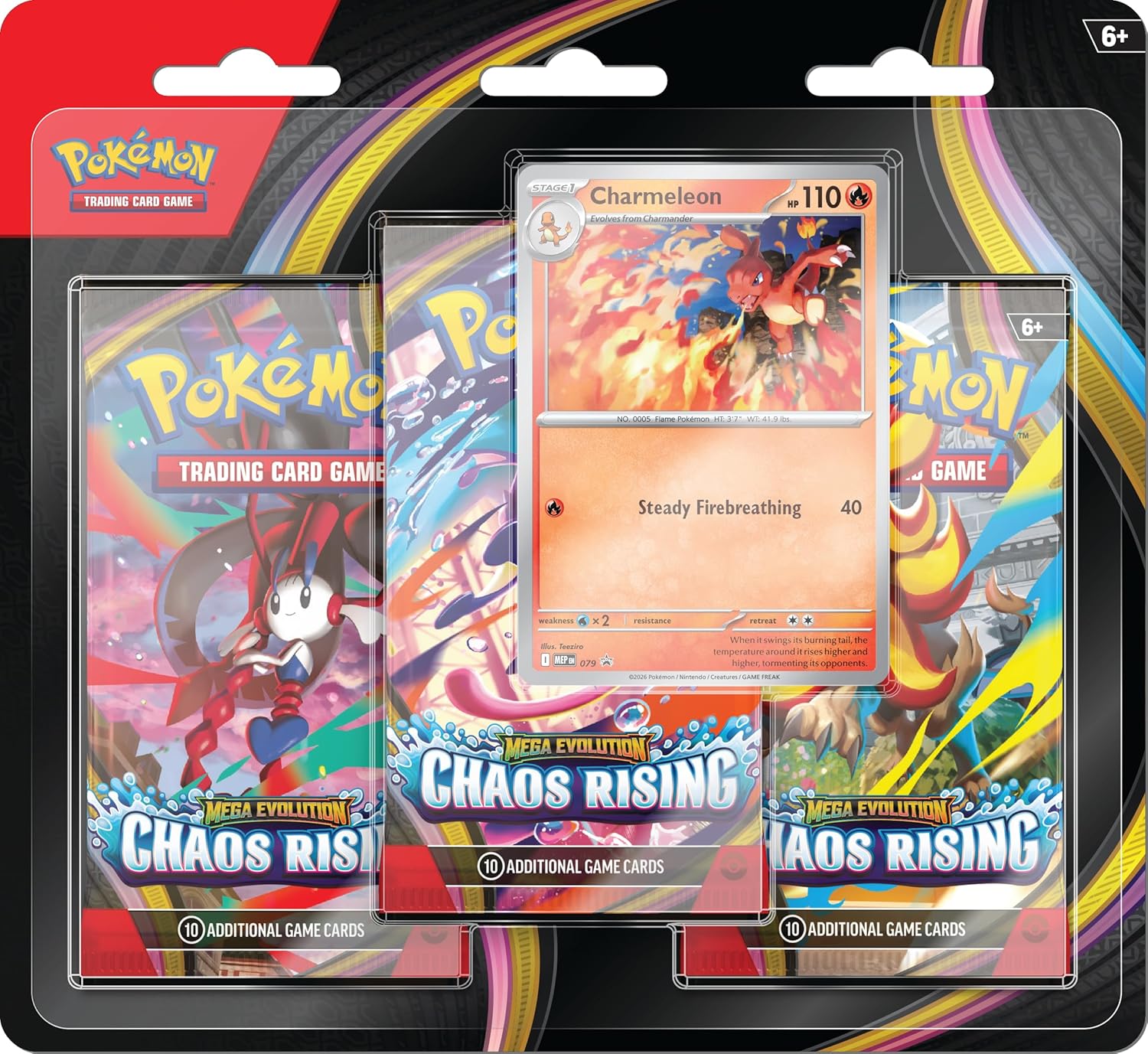 Release Date: 05/22/2026
The hustle and bustle of the city turns into havoc as Mega Floette ex brings turmoil to the streets! Filled with courage and determination, Mega Greninja ex gathers other powerful Mega Evolution Pokémon ex, including Mega Pyroar ex and Mega Dragalge ex, to ward off this growing threat. As night falls, danger blossoms in the Pokémon TCG: Mega Evolution—Chaos Rising expansion!
Each blister comes with 3 booster packs and promotional card.