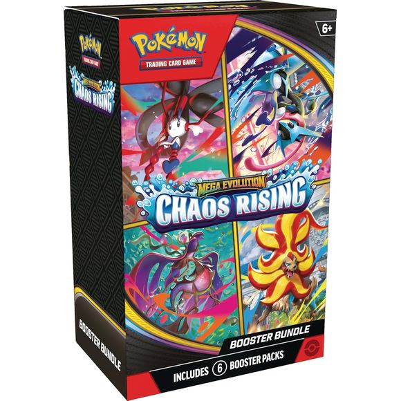 LIMIT 3 per person
Release Date: 05/22/2026
Take On the Challenge of an Eternity! The hustle and bustle of the city turns into havoc as Mega Floette ex brings turmoil to the streets! Filled with courage and determination, Mega Greninja ex gathers other powerful Mega Evolution Pokemon ex, including Mega Pyroar ex and Mega Dragalge ex, to ward off this growing threat. As night falls, danger blossoms in the Pokemon TCG: Mega Evolution Chaos Rising expansion! Expand your collection with this Booster Bundle con