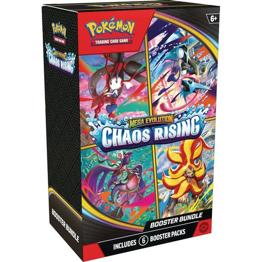 LIMIT 3 per person
Release Date: 05/22/2026
Take On the Challenge of an Eternity! The hustle and bustle of the city turns into havoc as Mega Floette ex brings turmoil to the streets! Filled with courage and determination, Mega Greninja ex gathers other powerful Mega Evolution Pokemon ex, including Mega Pyroar ex and Mega Dragalge ex, to ward off this growing threat. As night falls, danger blossoms in the Pokemon TCG: Mega Evolution Chaos Rising expansion! Expand your collection with this Booster Bundle con