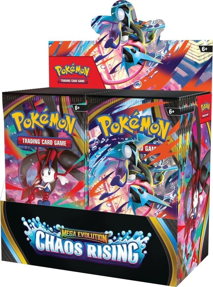 LIMIT 3 per person
Release Date: 05/22/2026
Booster box contains 36 packs of Chaos Rising
Take On the Challenge of an Eternity! The hustle and bustle of the city turns into havoc as Mega Floette ex brings turmoil to the streets! Filled with courage and determination, Mega Greninja ex gathers other powerful Mega Evolution Pokemon ex, including Mega Pyroar ex and Mega Dragalge ex, to ward off this growing threat. As night falls, danger blossoms in the Pokemon TCG: Mega Evolution- Chaos Rising expansion! Over