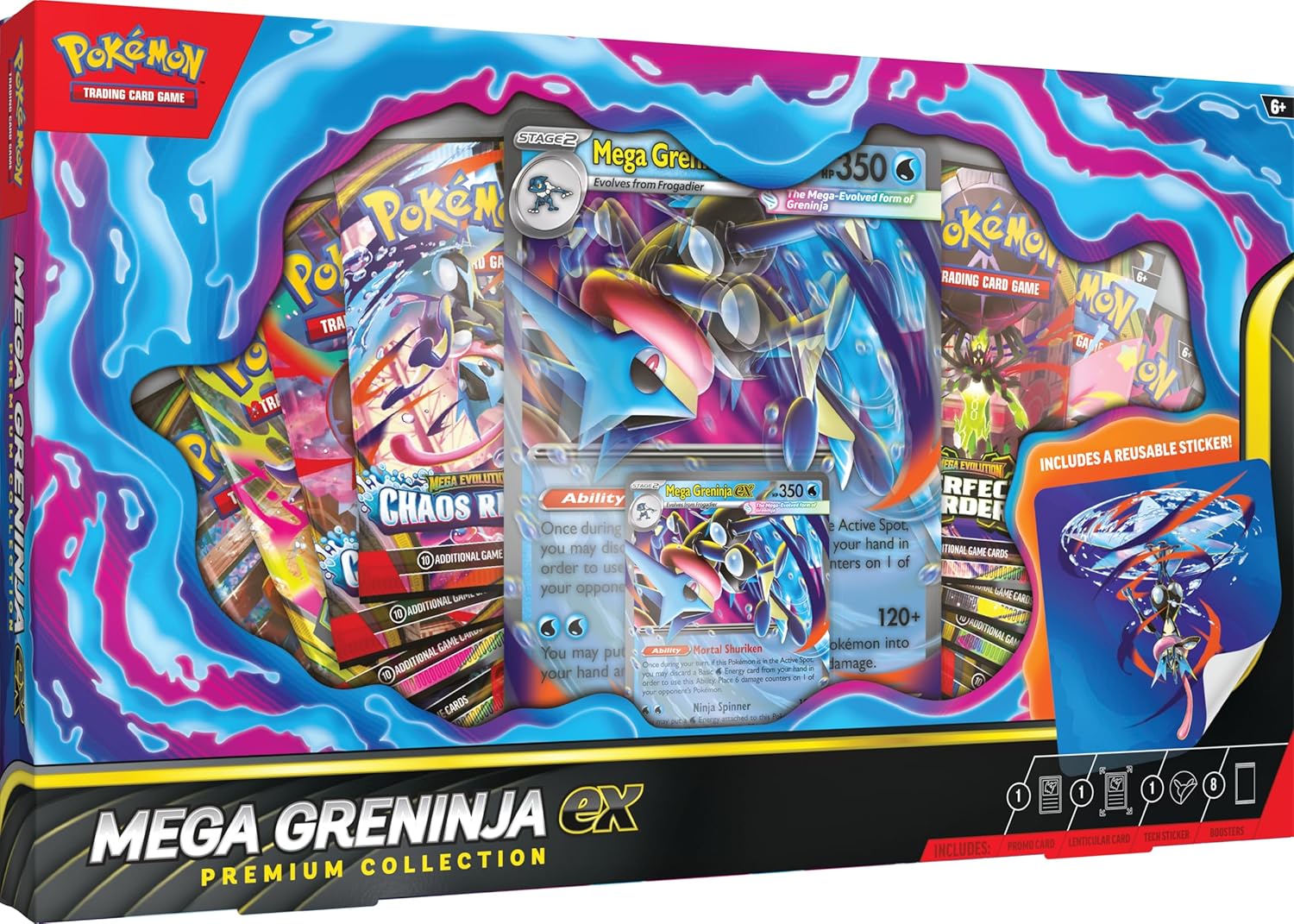 Mega Greninja ex Flips the Battle Upside Down!
Deliver serious damage and take Mega Greninja ex for a spin! Its Mortal Shuriken Ability lets you discard a Basic Water Energy from your hand to place six damage counters on one of your opponent’s Pokémon. Then, finish up your turn with its Ninja Spinner attack—which has the potential to do 200 damage! In this collection, you’ll get a foil promo card featuring the Mega-Evolved form of the Ninja Pokémon in both playable and display sizes, along with a cool tech