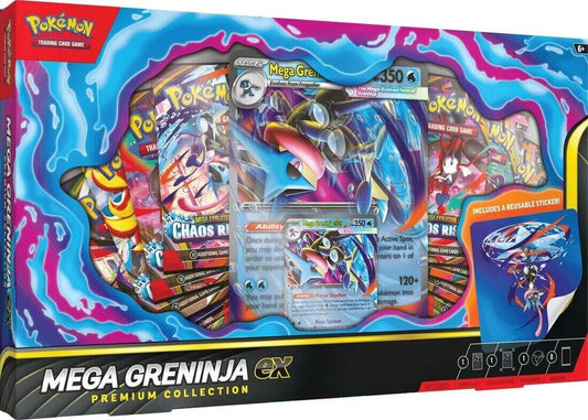 Mega Greninja ex Flips the Battle Upside Down!
Deliver serious damage and take Mega Greninja ex for a spin! Its Mortal Shuriken Ability lets you discard a Basic Water Energy from your hand to place six damage counters on one of your opponent’s Pokémon. Then, finish up your turn with its Ninja Spinner attack—which has the potential to do 200 damage! In this collection, you’ll get a foil promo card featuring the Mega-Evolved form of the Ninja Pokémon in both playable and display sizes, along with a cool tech