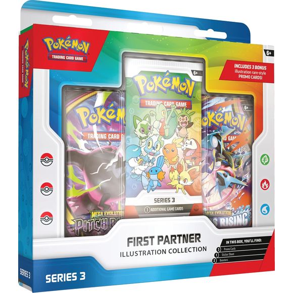 30 Years of First Partner Pokemon! Every Pokemon Trainer's journey begins with a first partner a loyal friend who stands by your side through thick and thin! Relive your own adventures and celebrate the bond between Trainer and Pokemon with a booster pack containing 3 of 9 illustration rare-style promo cards consisting of beloved first partner Pokemon from the Hoenn, Kalos, or Paldea region. You'll also find two more Pokemon TCG booster packs and a fun sticker sheet featuring first partner Pokemon friends.