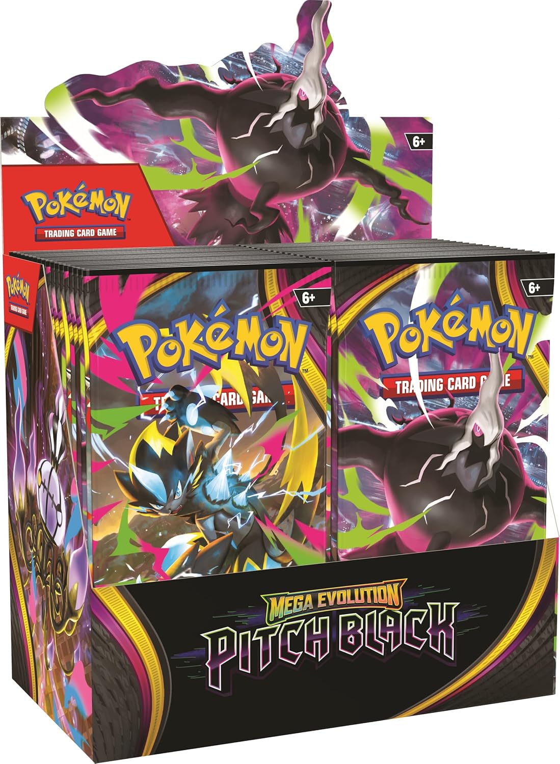 LIMIT 3 per person
Release Date: 07/17/2026
Booster box contains 36 packs of Pitch Black
Delve into Darkness Beyond Limits! Twinkling city lights and a starry sky become obscured in darkness as Mega Darkrai ex arrives with mystery and malice! But Mega Zeraora ex fights back with thunderous strikes of lightning, leading the way for Mega Chandelure ex, Mega Excadrill ex, and more to join the fray. Shadows deepen and nightmares become reality in the Pokemon TCG: Mega Evolution- Pitch Black expansion! Over 115