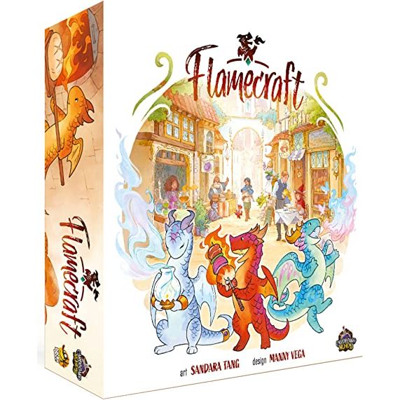 MAGICAL DRAGON BOARD GAME: In a magical realm a village awakes, and artisan dragons make coffee and cakes! In Flamecraft, players take on the role of Flamekeepers, gathering items, placing dragons and casting enchantments to enhance the shops of the town.
WORKER PLACEMENT STRATEGY GAME: Dragons are specialized (bread, meat, iron, crystal, plant and potion) and the Flamekeepers know which shops are the best home for each. Visit a shop to gain items and a favor from one of the dragons there.
ENGINE-BUILDING G