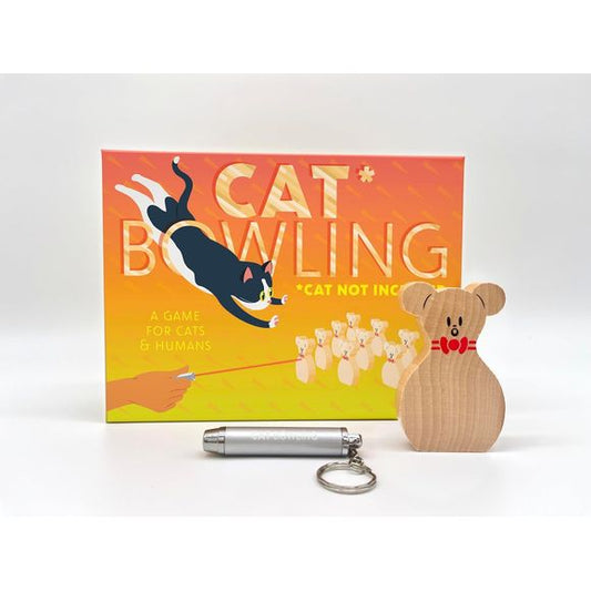 Finally, a game to play with your cat.
It’s as simple as pins, point, pounce! With Cat Bowling, let your cat be the bowling ball as you try to bowl the perfect game. A wonderful tool for spending quality time with your ferocious fur ball and the purr-fect gift for cat lovers (that they don’t already have ten of).
Cat Bowling comes with 10 solid wood mouse bowling pins and a laser pointer. Batteries included.