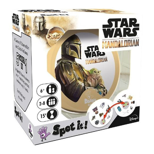Spot It! is a speed and observation game for the whole family. The aim of the game? Each two cards have one symbol in common. Be the first to find and name it to win the card. This new version of Spot It! combines emblematic characters and objects from the series The Mandalorian with the beloved family game! Players try to spot the single matching symbol between two cards in a playful battle of speedy observation, featuring stylized imagery of The Mandalorian, Grogu, Ahsoka Tano, Kuiil and many more.