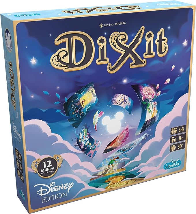 Dixit, the beloved modern classic that moved millions of players all around the world, is meeting the Disney universe! A new stand-alone Dixit game, with 84 wonderful new cards, based on famous Disney & Pixar movies, from Snow White to Turning Red. Same rules, with the new material from Dixit for 3 to 6 players: a board, voting dials, wooden meeples… everything beautifully coated with Disney magic.