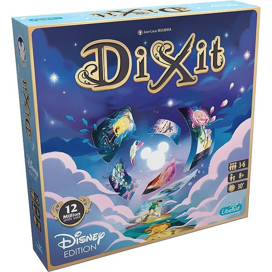 Dixit, the beloved modern classic that moved millions of players all around the world, is meeting the Disney universe! A new stand-alone Dixit game, with 84 wonderful new cards, based on famous Disney & Pixar movies, from Snow White to Turning Red. Same rules, with the new material from Dixit for 3 to 6 players: a board, voting dials, wooden meeples… everything beautifully coated with Disney magic.