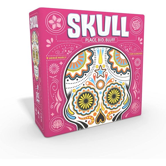 An ancient game of ornate skulls and dangerous roses, Skull is simple to learn but dangerously difficult to win. You must bluff, lie and pierce through the deceptions to expose the roses. Be wary, though - if you happen across a skull, the consequences are dire! Players will hold three rose cards and one skull. Add a card to the pile in front of you and when you feel lucky, announce your challenge and declare how many cards you will flip. Cards that show a rose are safe, but if you expose your opponent's hi
