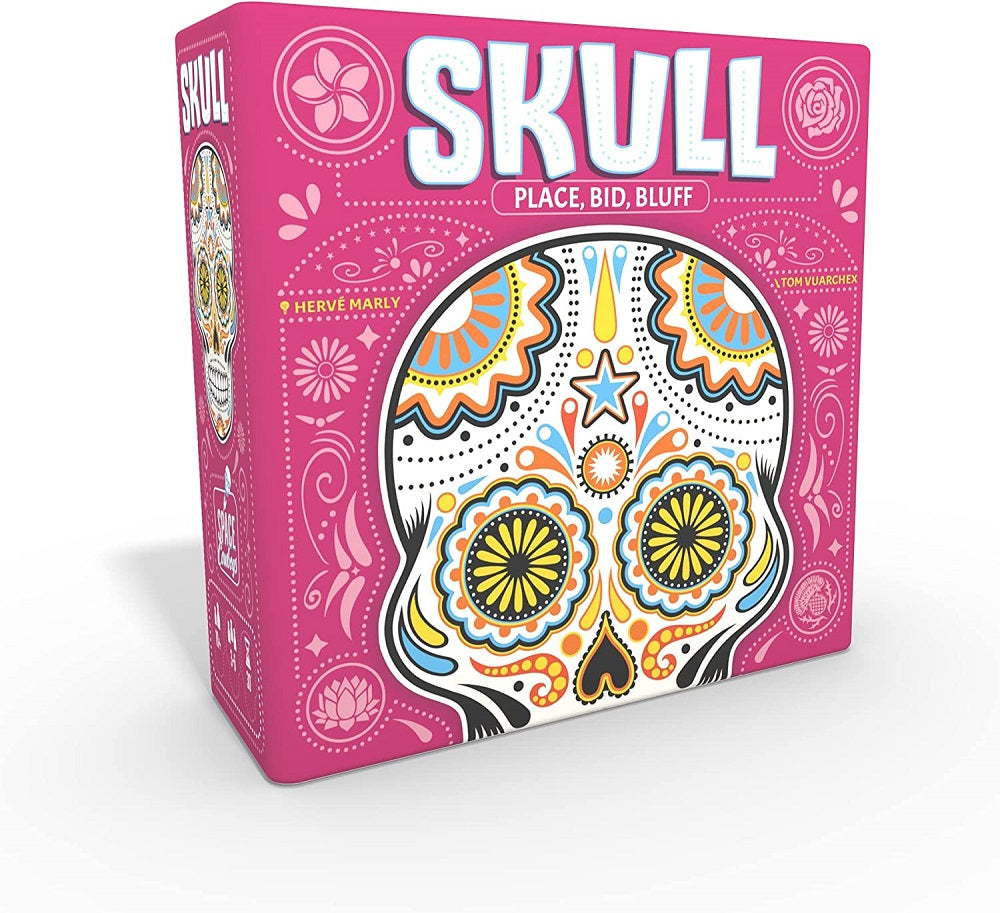 An ancient game of ornate skulls and dangerous roses, Skull is simple to learn but dangerously difficult to win. You must bluff, lie and pierce through the deceptions to expose the roses. Be wary, though - if you happen across a skull, the consequences are dire! Players will hold three rose cards and one skull. Add a card to the pile in front of you and when you feel lucky, announce your challenge and declare how many cards you will flip. Cards that show a rose are safe, but if you expose your opponent's hi