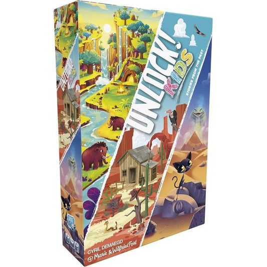 Dive back into the family-friendly, mind-tingling puzzles of Unlock! Kids. Featuring 6 new adventures in 3 different universes, Unlock! Kids Stories from the Past will have families testing their wits in these 2 new settings:
Strolls through prehistory
The secrets of Hatsheput, Queen of Egypt
Welcome to Golden Town!
Unlock! Kids is designed for children 6-10 years of age and requires no app and no rules to read, you’ll learn as you play!