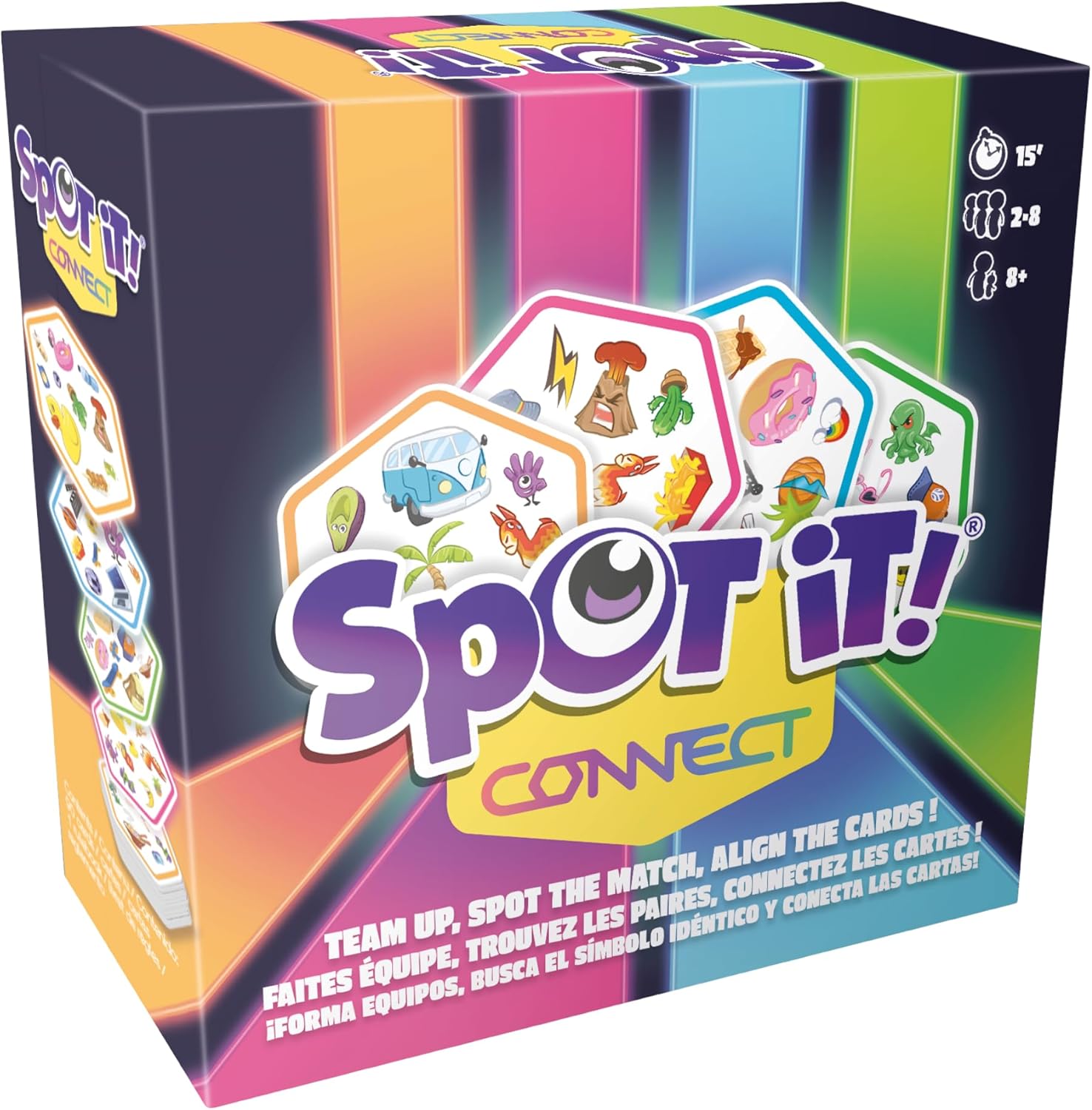 Team up, spot the match, align the cards!
Name the only common symbol between a card in your hand and one already in play. Be the fastest to connect four cards of your color in a row to win a round. Win several rounds to get the victory! Everyone plays at the same time, so block the other teams with your cards before they do!