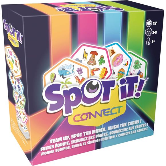 Team up, spot the match, align the cards!
Name the only common symbol between a card in your hand and one already in play. Be the fastest to connect four cards of your color in a row to win a round. Win several rounds to get the victory! Everyone plays at the same time, so block the other teams with your cards before they do!