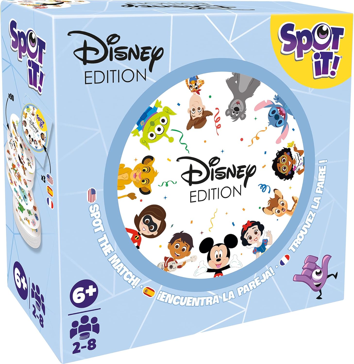 Test your observational skills and hone your reflexes with the award-winning gameplay of Spot it!, a game of lightning-fast choices. With dozens of awards and possible versions married to elegant gameplay, Spot it! has become a global phenomenon. This edition celebrating is perfect for any Disney fan.