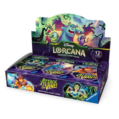 Release Date: 07/24/2026
The Vine has spread across the Inklands! Attack of the Vine! brings Disney Pixar favorites from Monsters, Inc., Up, and Turning Red to Disney Lorcana. Twisted Vineling versions of classic villains like Ursula, Gaston, and Pete stand in your way, while heroes including Lilo & Stitch, Carl Fredricksen & Russell, and Woody & Buzz Lightyear team up to fight back!
Each Disney Lorcana: Attack of the Vine! Booster Box contains 24 booster packs with each booster pack containing 12 cards.