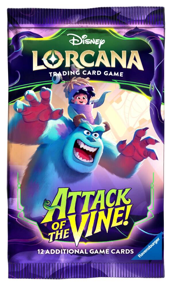 Release Date: 07/24/2026
Each Disney Lorcana: Attack of the Vine! Booster Pack contains 12 random cards:
• 6 Common cards
• 3 Uncommon cards
• 2 Rare or higher rarity cards
• 1 Foil card of random rarity
Booster Packs are available in 3 designs. Buyer will receive 1 out of the 3 designs
It's growing! It's invasive! Reaching into the sky, the thorny vine sprouts threats of all kinds, from vineling monsters to leafy duplicates of various glimmers. This blooming terror is scary. But why not fight scary with sc