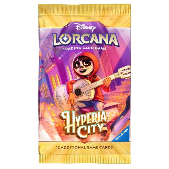 Release Date:10/23/2026
Each Disney Lorcana: Hyperia City Booster Pack contains 12 random cards:
• 6 Common cards
• 3 Uncommon cards
• 2 Rare or higher rarity cards
• 1 Foil card of random rarity
Booster Packs are available in 3 designs. Buyer will receive 1 out of the 3 designs