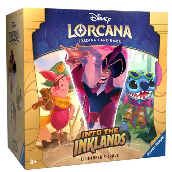 The ultimate treasure for both collectors and players, the Illumineers Trove includes a full-art storage box, two deck boxes, eight booster packs, a players guide, and more. The players guide offers a look into the realm of Lorcana as well as a complete visual guide to all cards in Disney Lorcana: Into the Inklands. Also included are deckbuilding tips and game strategies.