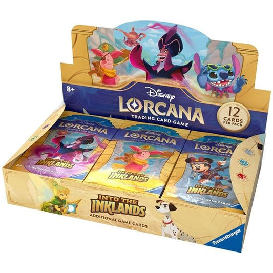 Each Disney Lorcana: Into the Inklands booster box contains 24 booster packs with each booster pack containing 12 cards.
This set will change up your game with a brand-new element: location cards! Discover new landscapes as you venture across the Inklands in search of lore that was scattered by the recent flood. These locations add a whole new dimension of gameplay and a fresh new spin to every deck. One of the other thrilling aspects is the introduction of more beloved Disney properties, including DuckTale
