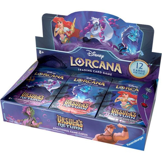 This product is a Presale item with an estimated shipping date of 5/31/2024.
Each Disney Lorcana: Ursula's booster box contains 24 booster packs with each booster pack containing 12 cards.
A storm has been building in the magical realm of Lorcana. Ursula’s Return will introduce new franchises, beloved characters, and new gameplay evolutions and reveal more of the story of Lorcana and the Illumineers summoned there.