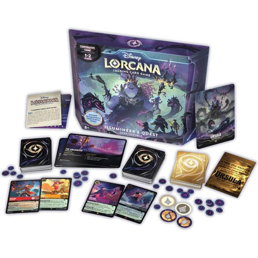 This product is a Presale item with an estimated shipping date of 5/31/2024.
Face an opponent like no other! In this thrilling Disney Lorcana TCG experience, you must stand against Ursula and her entangled glimmers even as her powers increase. Cunning as ever, the sea witch plays by her own rules-and with her own all-new special deck. Try all four difficulty levels! With the contents of this box, you can take on Ursulas forces solo or cooperatively with a friend. You can also add up to two more friends with