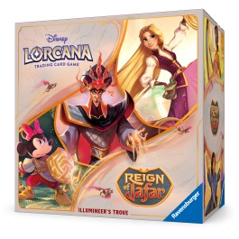 This product is a Presale item with an estimated shipping date of 6/06/2025
The ultimate treasure for both collectors and players, the Illumineer’s Trove includes a full-art storage box with 6 character-themed card dividers to keep your Disney Lorcana TCG cards safe and organized by ink.
The Illumineer’s Trove includes eight booster packs and helps keep track of character and location damage with six transparent dice featuring a a flowing water theme. Finally, the spin-dial lore counter makes it easy to mar