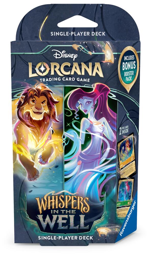 To play Disney Lorcana, each player will need a deck of sixty cards. Ready-to-play starter decks contain a preconstructed deck with a specific card list. If you’re new to trading card games, or if you want to experience the game with a deck designed and tested by Team Lorcana, this is a good place to start.
Contents:
• 1 starter deck of 60 cards, including 2 foil cards of the characters on the package front.
• 11 paper damage counters
• 1 paper playmat
• 1 paper tracker token
• 1 Quickstart rulebook
• 1 Bon