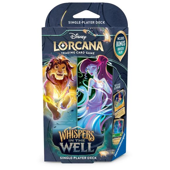 To play Disney Lorcana, each player will need a deck of sixty cards. Ready-to-play starter decks contain a preconstructed deck with a specific card list. If you’re new to trading card games, or if you want to experience the game with a deck designed and tested by Team Lorcana, this is a good place to start.
Contents:
• 1 starter deck of 60 cards, including 2 foil cards of the characters on the package front.
• 11 paper damage counters
• 1 paper playmat
• 1 paper tracker token
• 1 Quickstart rulebook
• 1 Bon