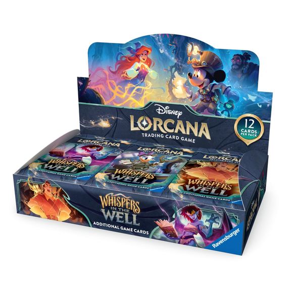 Booster display boxes offer players and collectors an exciting experience with 24 Disney Lorcana TCG: Whispers in the Well booster packs. Each box contains 288 cards, giving players the opportunity to customize and enhance their decks, or even build new ones. These boxes are perfect for discovering new cards, refining strategies, trading with friends, and unleashing the power of players’ favorite characters.
A pack of 12 randomized cards contains:
- (1) Foil card of random rarity
- (2) Rare (or higher rari