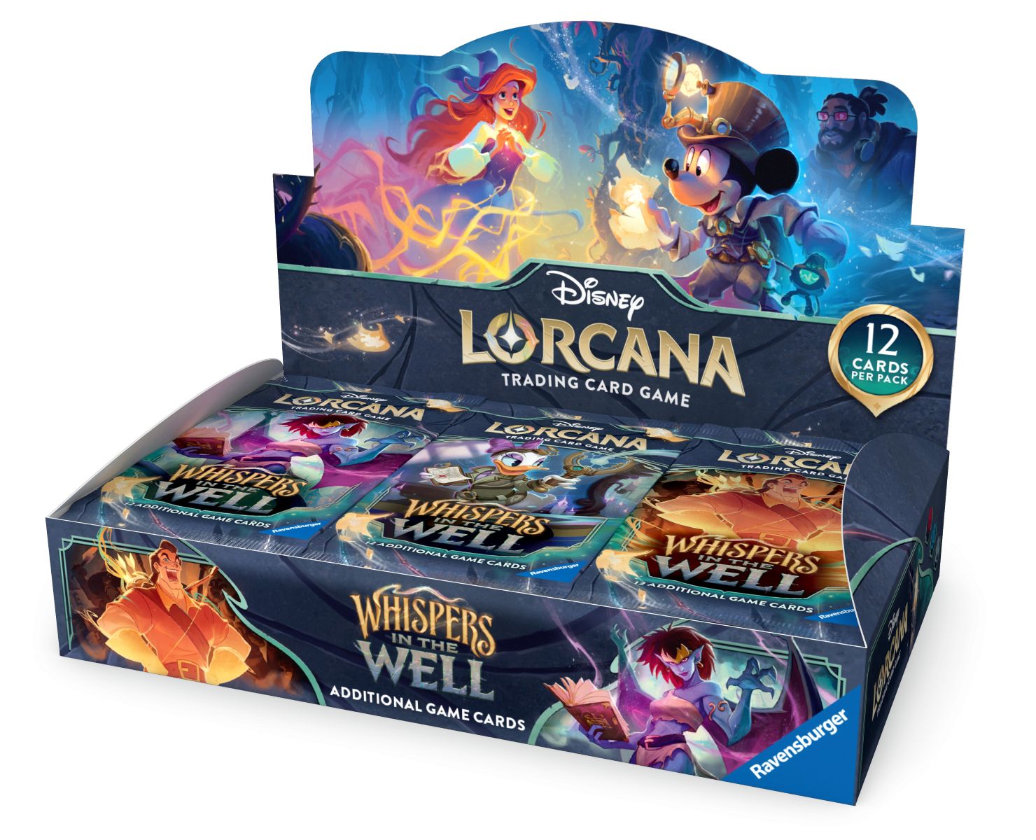 Booster display boxes offer players and collectors an exciting experience with 24 Disney Lorcana TCG: Whispers in the Well booster packs. Each box contains 288 cards, giving players the opportunity to customize and enhance their decks, or even build new ones. These boxes are perfect for discovering new cards, refining strategies, trading with friends, and unleashing the power of players’ favorite characters.
A pack of 12 randomized cards contains:
- (1) Foil card of random rarity
- (2) Rare (or higher rari