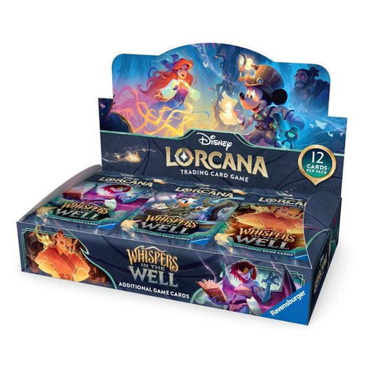 Booster display boxes offer players and collectors an exciting experience with 24 Disney Lorcana TCG: Whispers in the Well booster packs. Each box contains 288 cards, giving players the opportunity to customize and enhance their decks, or even build new ones. These boxes are perfect for discovering new cards, refining strategies, trading with friends, and unleashing the power of players’ favorite characters.
A pack of 12 randomized cards contains:
- (1) Foil card of random rarity
- (2) Rare (or higher rari