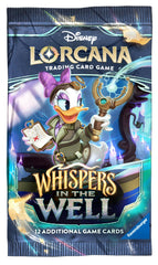 Each Disney Lorcana: Whispers in the Well Booster Pack contains 12 random cards:
• 6 Common cards
• 3 Uncommon cards
• 2 Rare or higher rarity cards
• 1 Foil card of random rarity
Booster Packs are available in 3 designs. Buyer will receive 1 out of the 3 designs