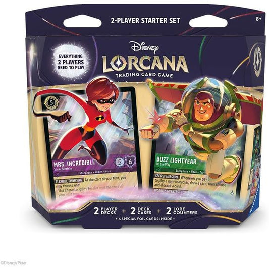 Release Date 5/15/2026
Disney Lorcana TCG two-player starter sets include everything two players needs to play right out of the box. Through these decks, players get a taste of the rich story and varied characters of the Disney Lorcana TCG. Each of the two prebuilt decks have 60 cards and features cards from two inks, each with distinct play styles. The two ink combinations are Amber & Emerald and Amethyst & Ruby.
Each 2-player starter set includes:
• 2 Ready-to-play decks of 60 cards, including 2 foil card