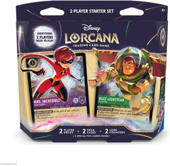Release Date 5/15/2026
Disney Lorcana TCG two-player starter sets include everything two players needs to play right out of the box. Through these decks, players get a taste of the rich story and varied characters of the Disney Lorcana TCG. Each of the two prebuilt decks have 60 cards and features cards from two inks, each with distinct play styles. The two ink combinations are Amber & Emerald and Amethyst & Ruby.
Each 2-player starter set includes:
• 2 Ready-to-play decks of 60 cards, including 2 foil card