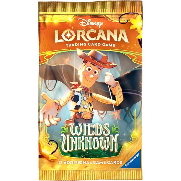 Release Date 5/4/2026
Product Details
Each Disney Lorcana: Wilds Unknown Booster Pack contains 12 random cards:
• 6 Common cards
• 3 Uncommon cards
• 2 Rare or higher rarity cards
• 1 Foil card of random rarity
Booster Packs are available in 3 designs. Buyer will receive 1 out of the 3 designs