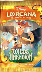 Release Date 5/4/2026
Product Details
Each Disney Lorcana: Wilds Unknown Booster Pack contains 12 random cards:
• 6 Common cards
• 3 Uncommon cards
• 2 Rare or higher rarity cards
• 1 Foil card of random rarity
Booster Packs are available in 3 designs. Buyer will receive 1 out of the 3 designs