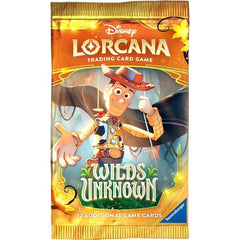 Release Date 5/4/2026
Product Details
Each Disney Lorcana: Wilds Unknown Booster Pack contains 12 random cards:
• 6 Common cards
• 3 Uncommon cards
• 2 Rare or higher rarity cards
• 1 Foil card of random rarity
Booster Packs are available in 3 designs. Buyer will receive 1 out of the 3 designs