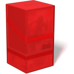 Ultimate Guard Boulder'n'Tray 100+ Ruby. By popular demand, here is the Boulder'n'Tray 100+. This deck case combines the sturdiness of our Boulder with the flexibility of an extra compartment for your dice and other accessories - just like our classic Monolith. Our Boulder'n'Tray 100+ impresses with its durable, soft-touch finish², which ensures a comfortable grip and long life during all your gaming sessions. - Holds up to 100 standard size cards