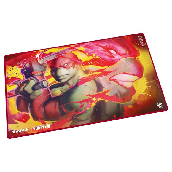 The 61x35cm Play-Mat protects cards and sleeves while playing and improves the gaming experience thanks to its anti-slip underside, while the stitched edges guarantee an even longer service life. The top side of the Play-Mat is printed with officially licensed artworks from Magic: The Gathering | Teenage Mutant Ninja Turtles.