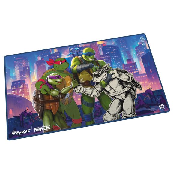 The 61x35cm Play-Mat protects cards and sleeves while playing and improves the gaming experience thanks to its anti-slip underside, while the stitched edges guarantee an even longer service life. The top side of the Play-Mat is printed with officially licensed artworks from Magic: The Gathering | Teenage Mutant Ninja Turtles.